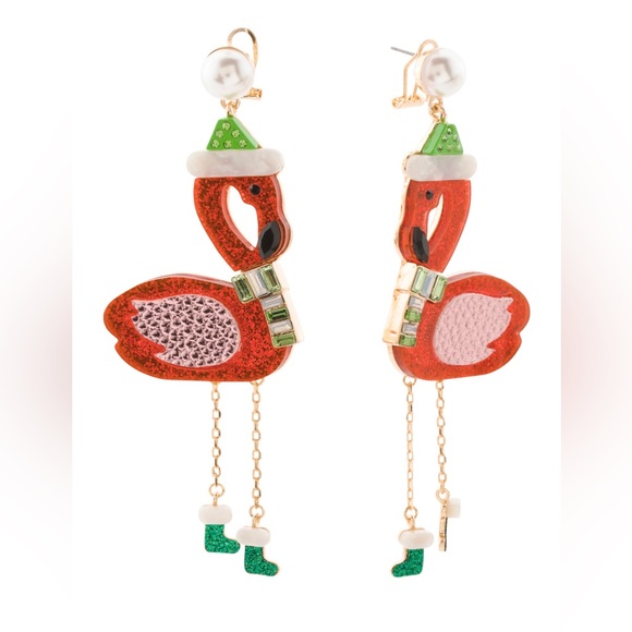 Betsey Johnson Santa Red & Pink Christmas Flamingo Statement Drop Earrings Gift - Picture 2 of 3